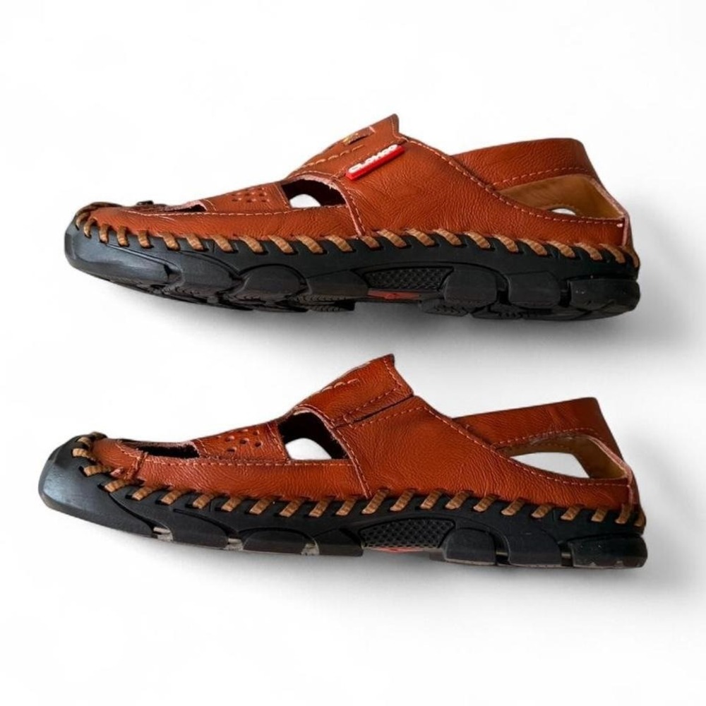 CLOHOO Mens Leather Fisherman Sandals Brown‎ Perforated Slip On Size 42 - Picture 4 of 7